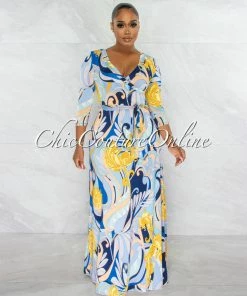 Chic Couture Online Sweda Baby Blue Yellow Print Belted Maxi Dress