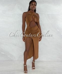 Vendor-unknown JUST IN Pembroke Brown Halter Draped Ruched Maxi Dress