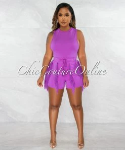 Chic Couture Online JUST IN Granier Purple Bodysuit & Fringe Shorts Set