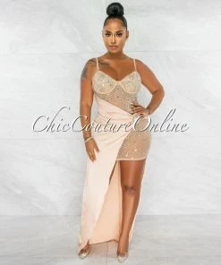Chic Couture Online Briella Nude Rhinestones Mesh Sheer Dress & Gold Silky Overlay JUST IN