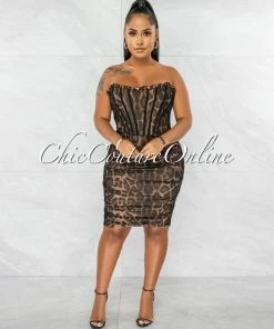 Chic Couture Online JUST IN Berton Leopard Print Black Tulle Corset Midi Dress