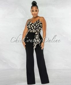Chic Couture Online Aubrey Black Nude Leopard Print Silky Top Two-Tone Jumpsuit