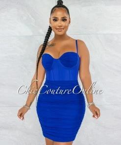 Vendor-unknown Bassett Royal Blue Mesh Ruched Bandage Corset Dress JUST IN