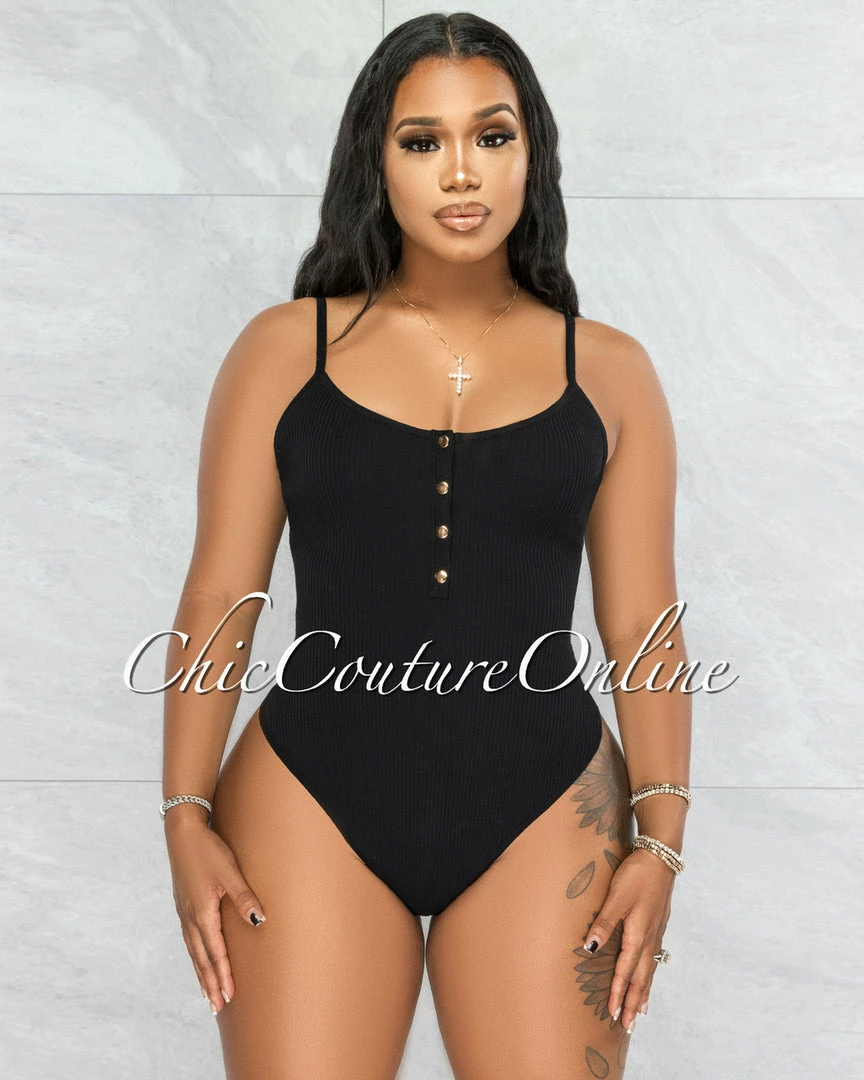 Vendor-unknown Attiyah Black Ribbed Gold Accent Bodysuit JUST IN