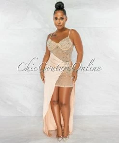 Chic Couture Online Briella Nude Rhinestones Mesh Sheer Dress & Gold Silky Overlay JUST IN