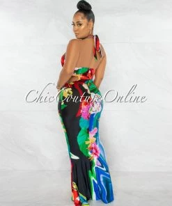Chic Couture Online JUST IN Lunar Multi-Color Floral Print Cut-Out Maxi Dress