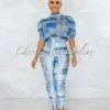 Vendor-unknown JUST IN Opal Blue Print Bubble Sleeves Sheer Top Jumpsuit