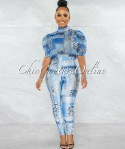 Vendor-unknown JUST IN Opal Blue Print Bubble Sleeves Sheer Top Jumpsuit