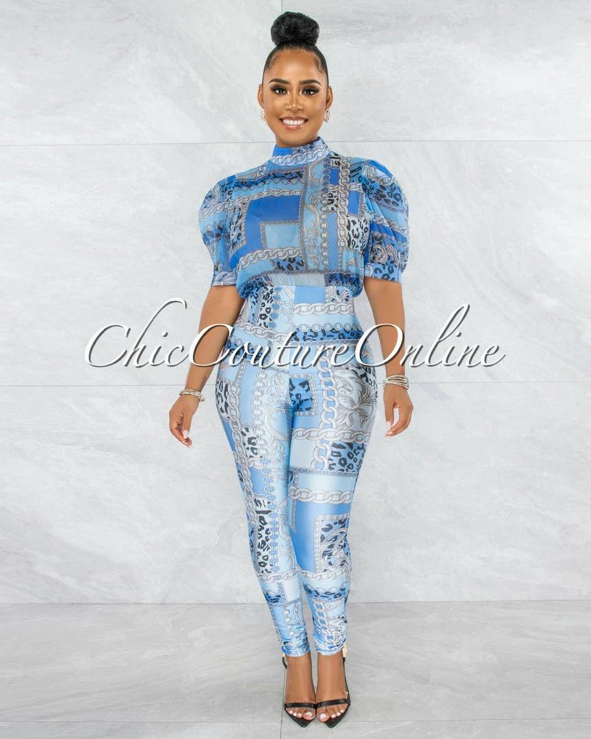 Vendor-unknown JUST IN Opal Blue Print Bubble Sleeves Sheer Top Jumpsuit