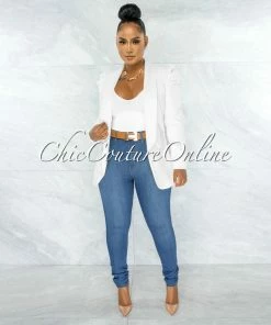 Chic Couture Online JUST IN Dorcas Off-White Bubble Sleeves Boyfriend Long Blazer