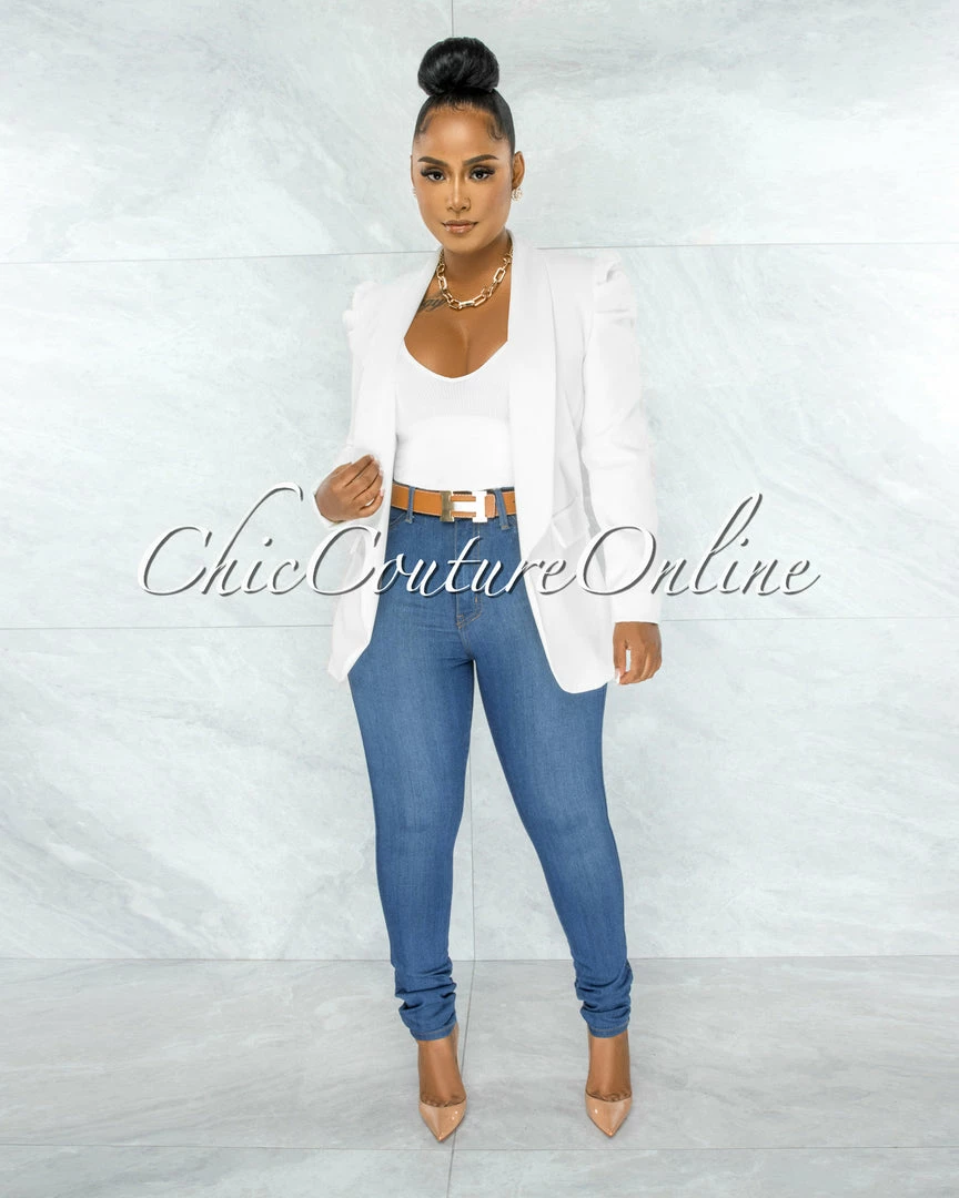 Chic Couture Online JUST IN Dorcas Off-White Bubble Sleeves Boyfriend Long Blazer