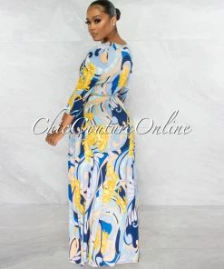Chic Couture Online Sweda Baby Blue Yellow Print Belted Maxi Dress