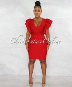 Chic Couture Online JUST IN Barend Red V-Neck Ruffle Sleeves Bandage Midi Dress
