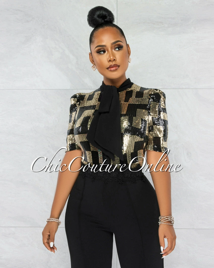 Vendor-unknown JUST IN Jerricka Gold Black Sequins Bow Crochet Jumpsuit
