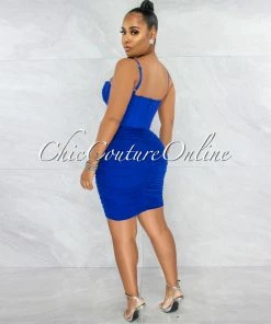Vendor-unknown Bassett Royal Blue Mesh Ruched Bandage Corset Dress JUST IN