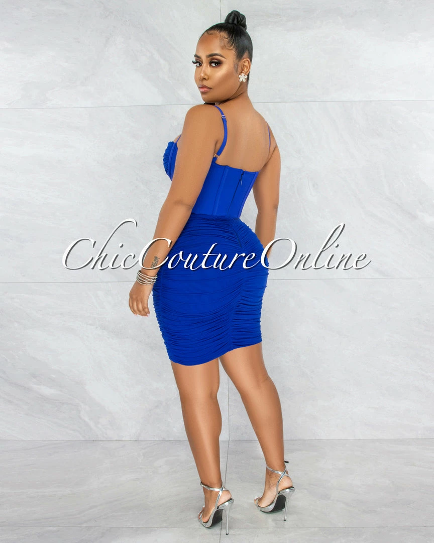Vendor-unknown Bassett Royal Blue Mesh Ruched Bandage Corset Dress JUST IN