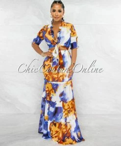 Vendor-unknown Belvita Blue Brown Print Smocked Two Piece Skirt Set JUST IN