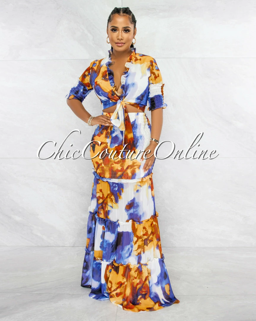 Vendor-unknown Belvita Blue Brown Print Smocked Two Piece Skirt Set JUST IN