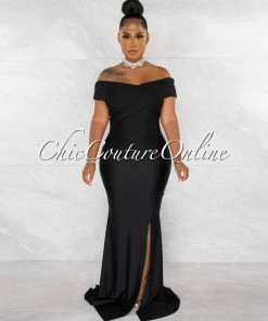 Chic Couture Online JUST IN Dewey Black Drape Off-The Shoulders Maxi Dress