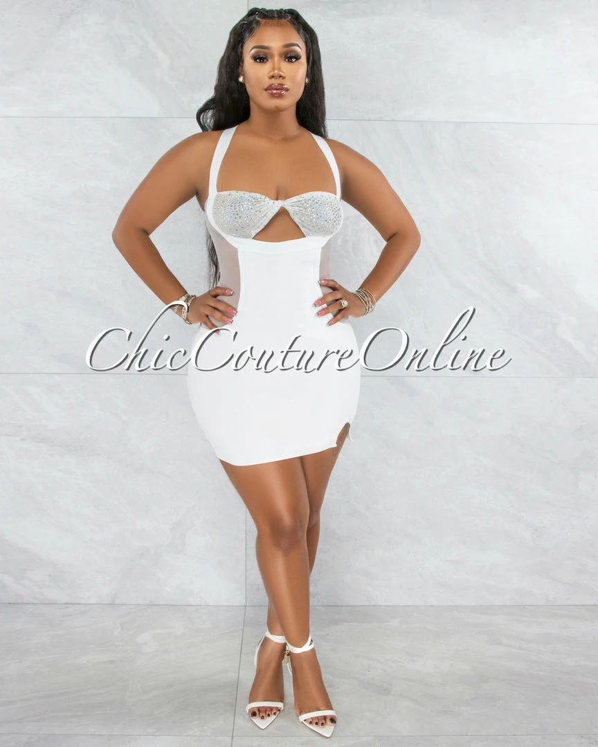 Vendor-unknown Variya White Keyhole Mesh Rhinestones Mini Dress