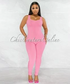 Chic Couture Online Marsala Bubblegum Pink Round Neck Ribbed Jumpsuit