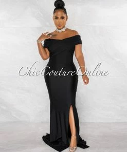 Chic Couture Online JUST IN Dewey Black Drape Off-The Shoulders Maxi Dress