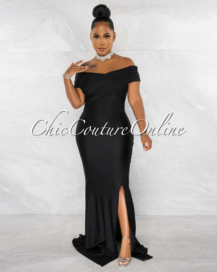Chic Couture Online JUST IN Dewey Black Drape Off-The Shoulders Maxi Dress