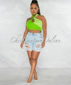 Chic Couture Online Jones Green Two-Tones Torn Ribbed Crop Top