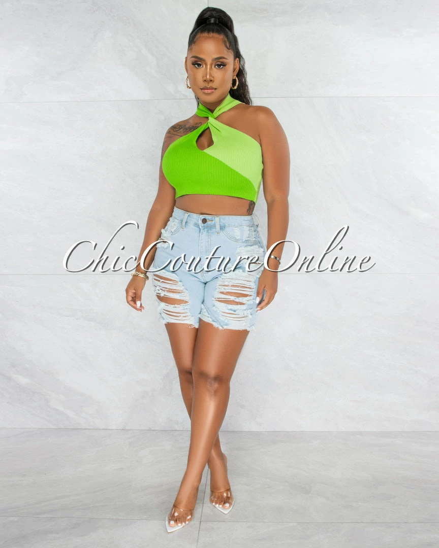 Chic Couture Online Jones Green Two-Tones Torn Ribbed Crop Top