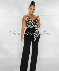 Chic Couture Online Aubrey Black Nude Leopard Print Silky Top Two-Tone Jumpsuit