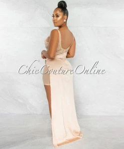 Chic Couture Online Briella Nude Rhinestones Mesh Sheer Dress & Gold Silky Overlay JUST IN