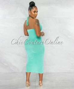 Chic Couture Online Dallas Mint Front Key-Hole Midi Shimmery Dress JUST IN