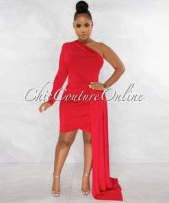 Chic Couture Online Cameo Red Single Sleeve Long Strap Accent Dress