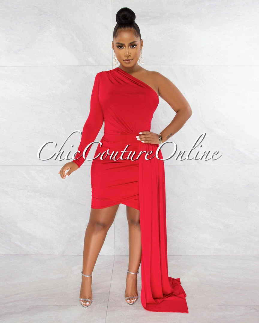 Chic Couture Online Cameo Red Single Sleeve Long Strap Accent Dress