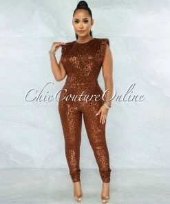 Vendor-unknown Catalina Copper Sequin Padded Shoulder Jumpsuit