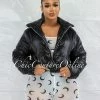Vendor-unknown JUST IN Vickie Black Faux Leather Puffy Jacket