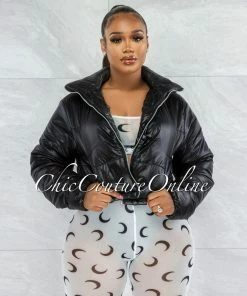 Vendor-unknown JUST IN Vickie Black Faux Leather Puffy Jacket
