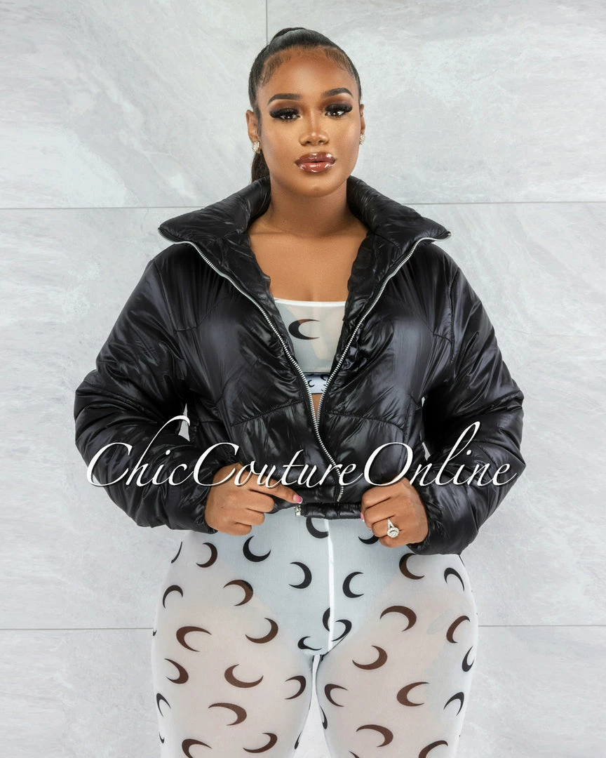 Vendor-unknown JUST IN Vickie Black Faux Leather Puffy Jacket