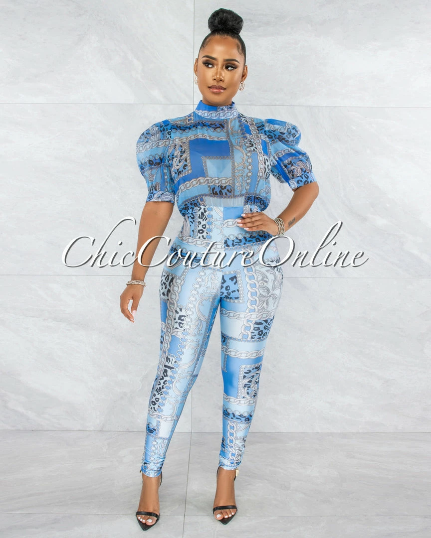 Vendor-unknown JUST IN Opal Blue Print Bubble Sleeves Sheer Top Jumpsuit