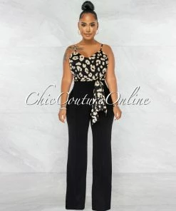 Chic Couture Online Aubrey Black Nude Leopard Print Silky Top Two-Tone Jumpsuit