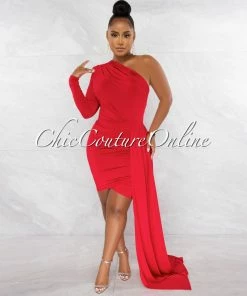 Chic Couture Online Cameo Red Single Sleeve Long Strap Accent Dress