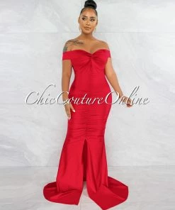 Vendor-unknown Merlina Red Drape Off-The Shoulders Maxi Dress