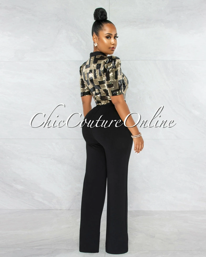 Vendor-unknown JUST IN Jerricka Gold Black Sequins Bow Crochet Jumpsuit