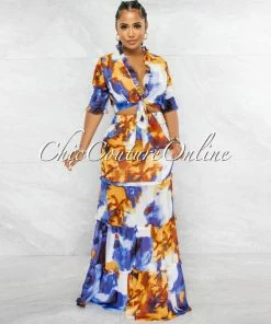 Vendor-unknown Belvita Blue Brown Print Smocked Two Piece Skirt Set JUST IN