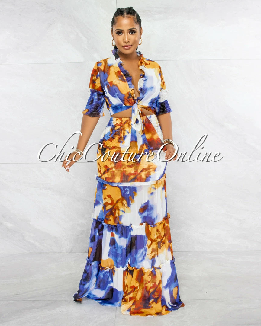 Vendor-unknown Belvita Blue Brown Print Smocked Two Piece Skirt Set JUST IN