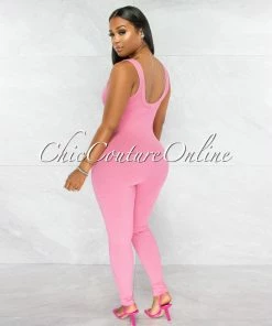 Chic Couture Online Marsala Bubblegum Pink Round Neck Ribbed Jumpsuit