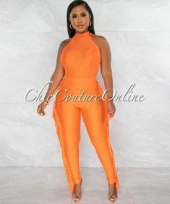 Chic Couture Online Gracie Orange Crop Top & Tassels Leggings Shimmery Set JUST IN