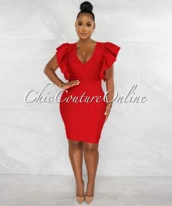 Chic Couture Online JUST IN Barend Red V-Neck Ruffle Sleeves Bandage Midi Dress