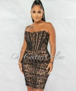 Chic Couture Online JUST IN Berton Leopard Print Black Tulle Corset Midi Dress
