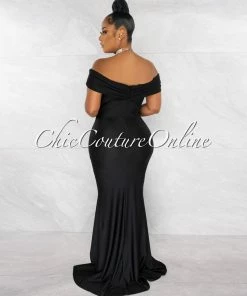 Chic Couture Online JUST IN Dewey Black Drape Off-The Shoulders Maxi Dress